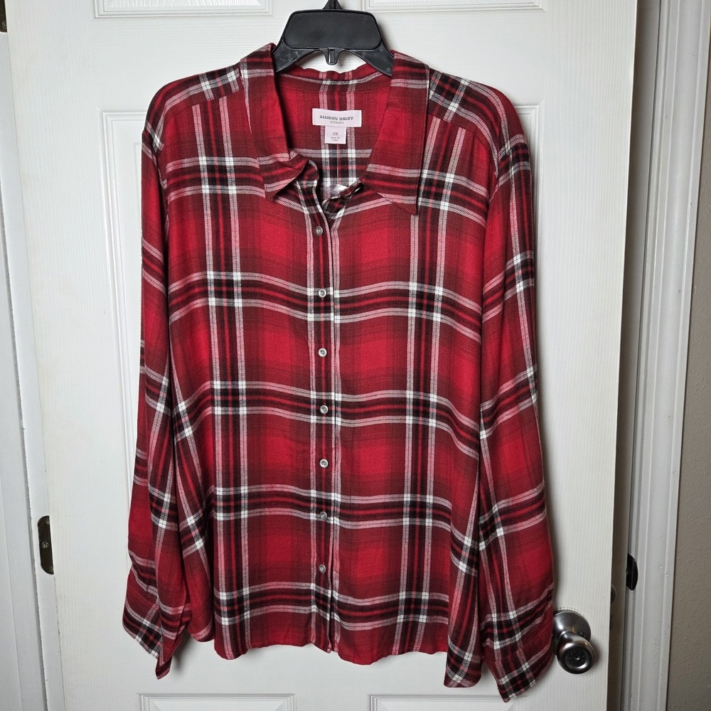 Allison Daley sz 2X red plaid button up shirt NWT 100% rayon casual fall basic